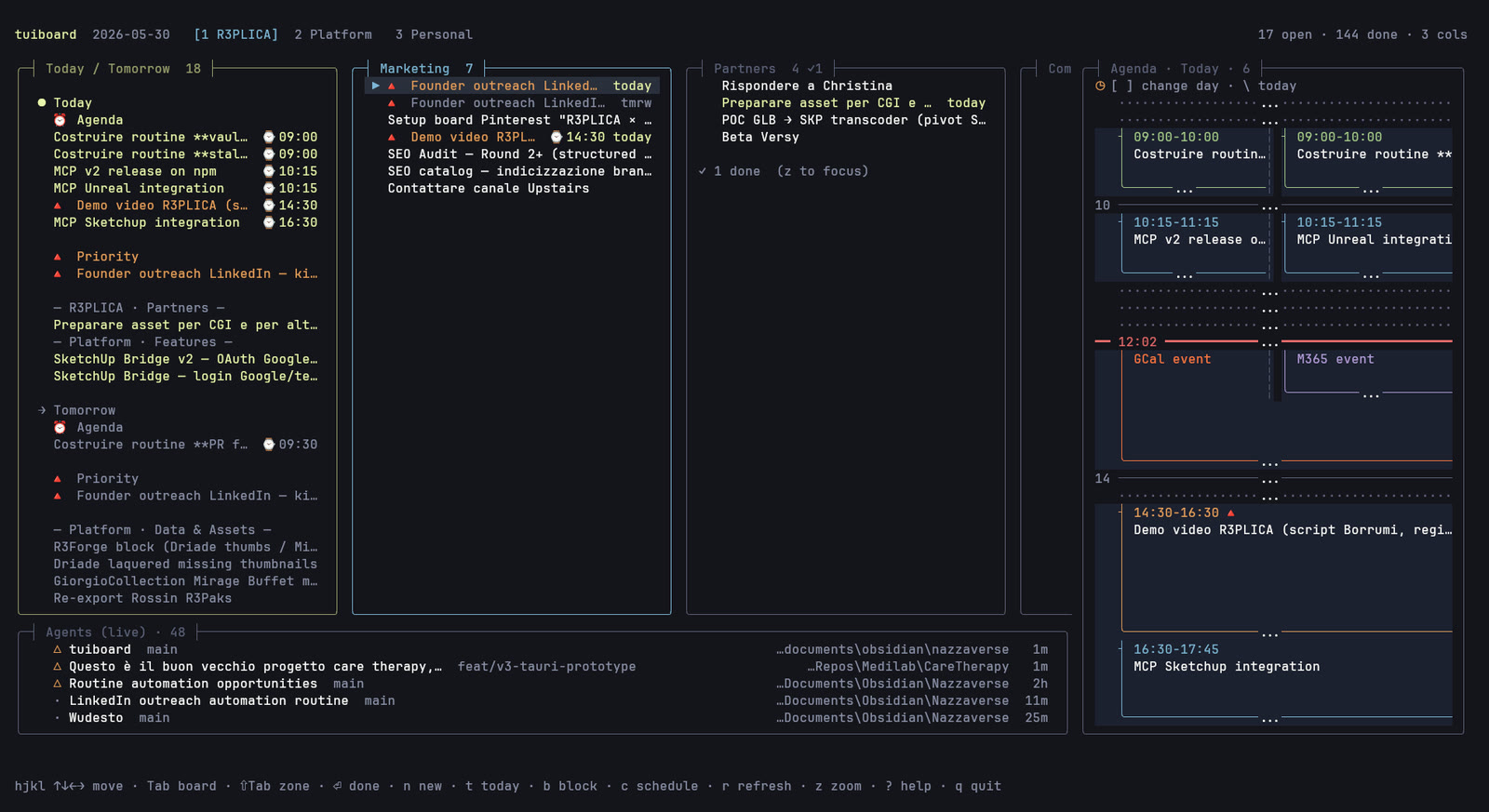 tuiboard full dashboard — kanban board, Today/Tomorrow planner, 24-hour agenda with calendar overlay, and live Claude Code agents, all in one terminal